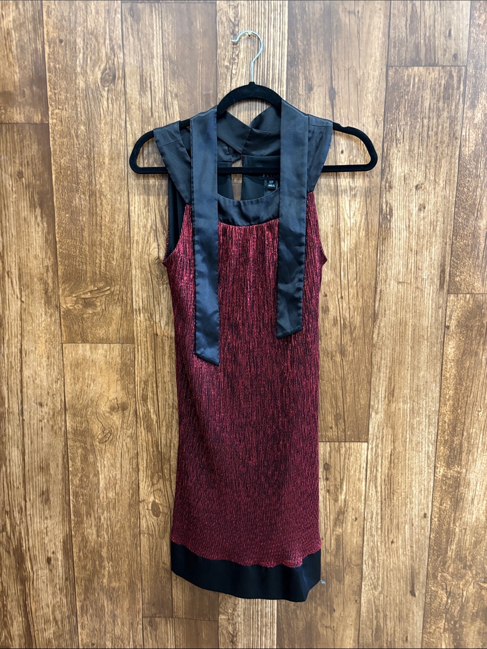 Sleeveless Red Metallic Midi Dress with Silk Black Trim with Draping Silk Fabric